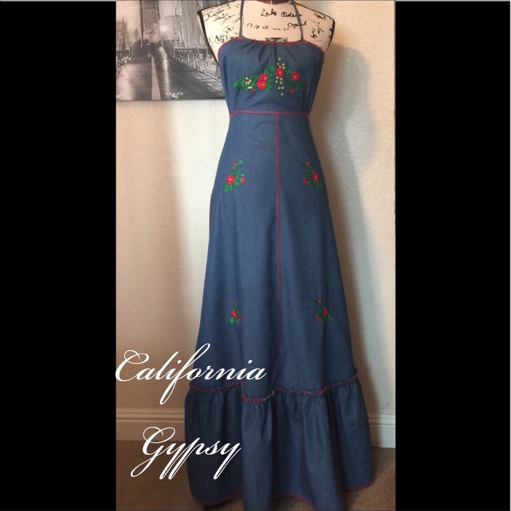 Gypsy Hippie boho vintage embroidered denim maxi🌈 - Picture 2 of 7